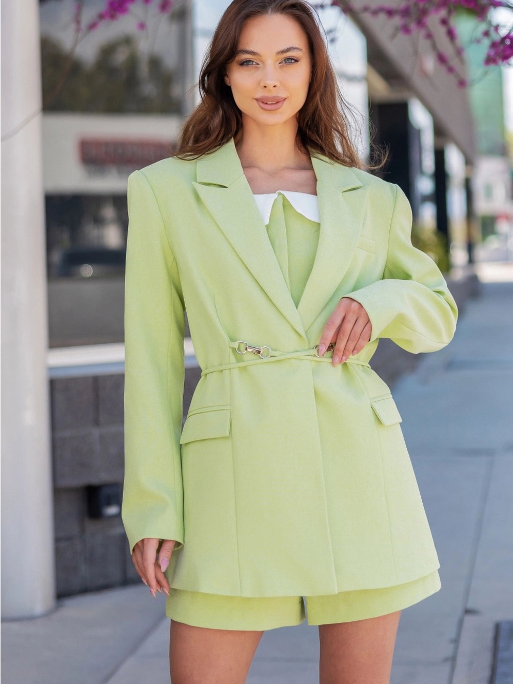 Light Green Tailored Belted Blazer Jacket